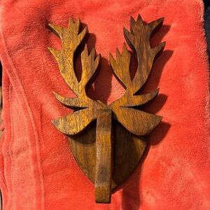 Hand-Carved Wooden Deer Antler Wall Hook - Warm Brown